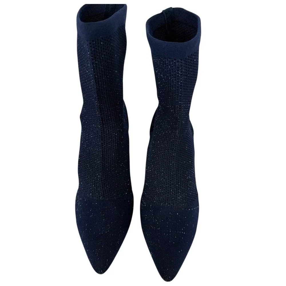 Catherine Malandrino Tammy Navy Glitter‎ Knit Pointed Toe Sock Boots Size 10
